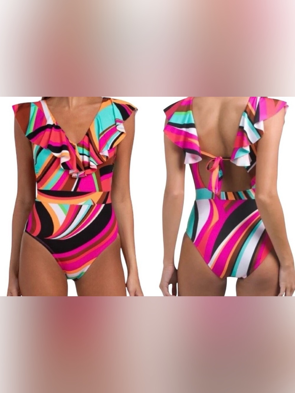 NEW Trina Turk Ruffle Flutter Sleeve Plunge One Piece Swimsuit Colorful Size 10